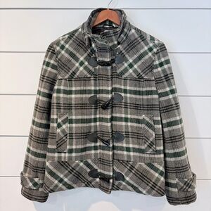 Bass Plaid Wool Toggle Coat L Green Gray Preppy 90s Ivy Vintage
